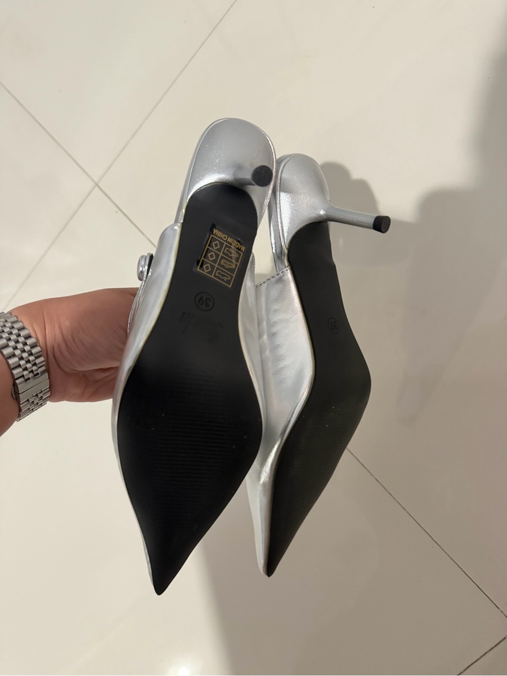 SHEIN Metallic Silver Pointed Mary Jane Kitten Heels - Picture 6 of 7